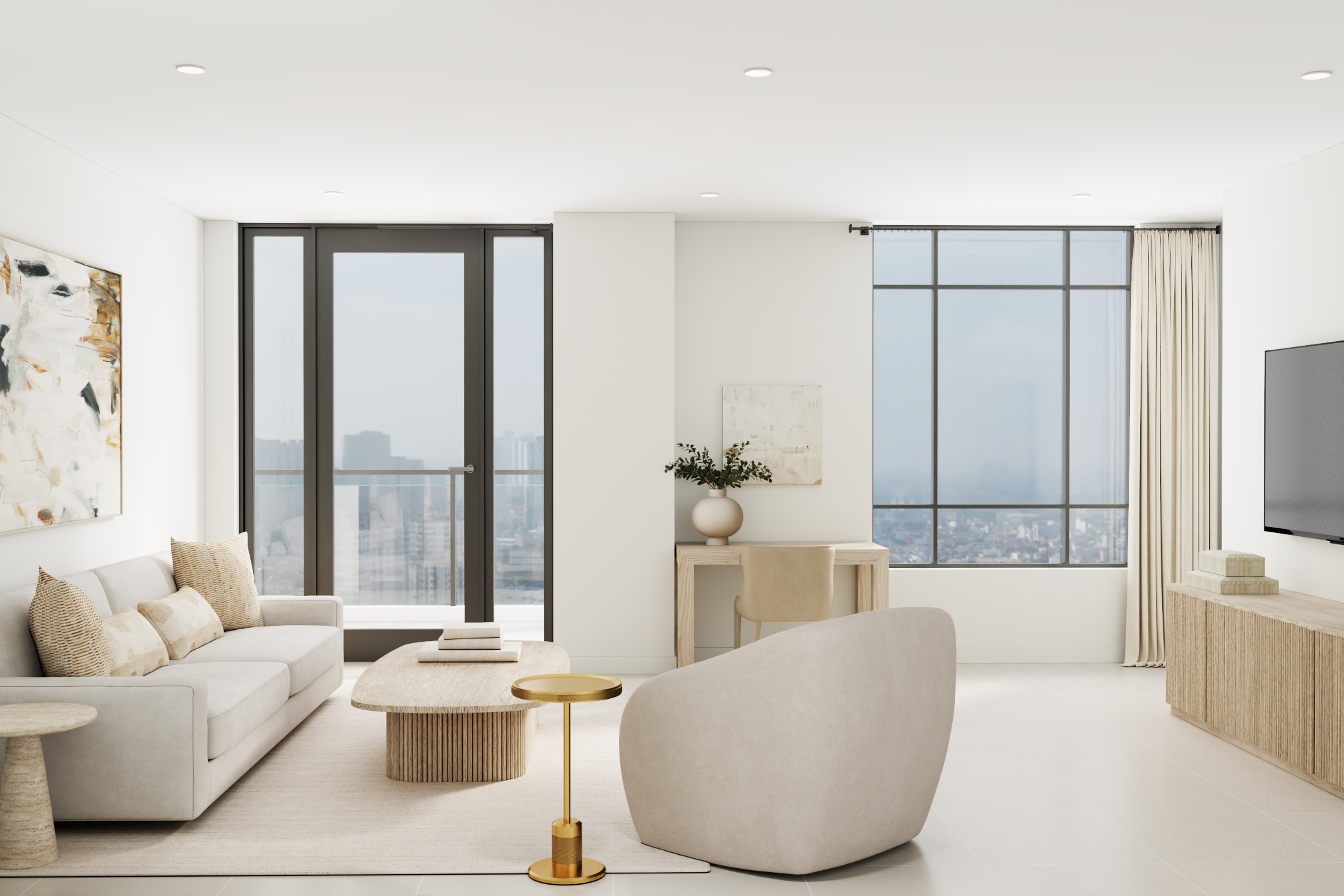 minimalist dining room with an incredible view of the city