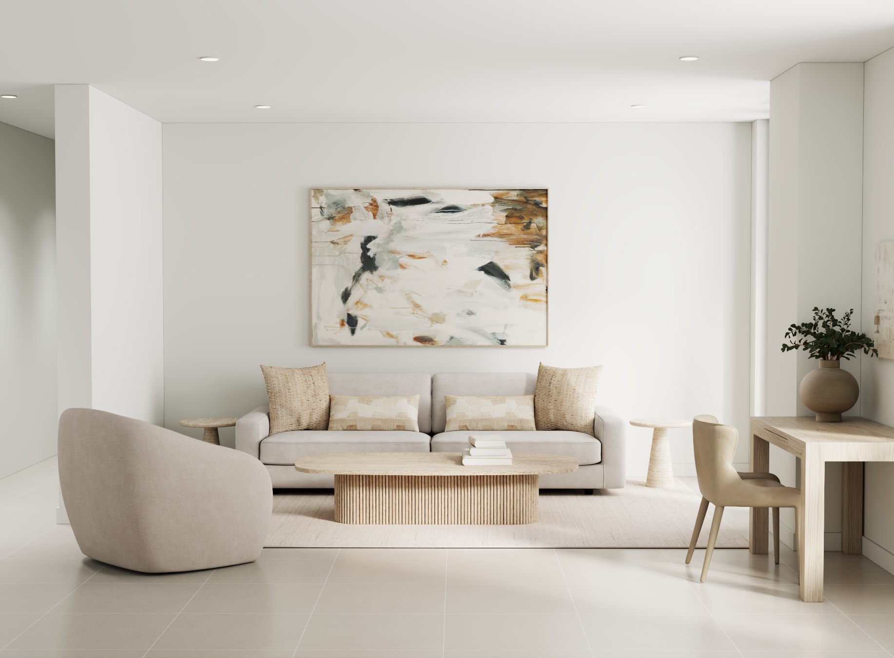 Living room with minimalist style, has a painting, a mini desk, a small coffee table, an armchair and some plants
