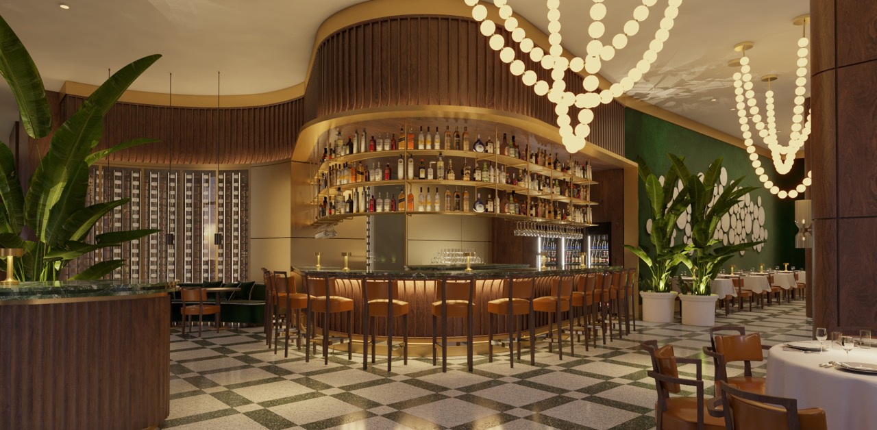 Photograph of a restaurant's cocktail bar decorated largely with wood, plants, and warm lighting